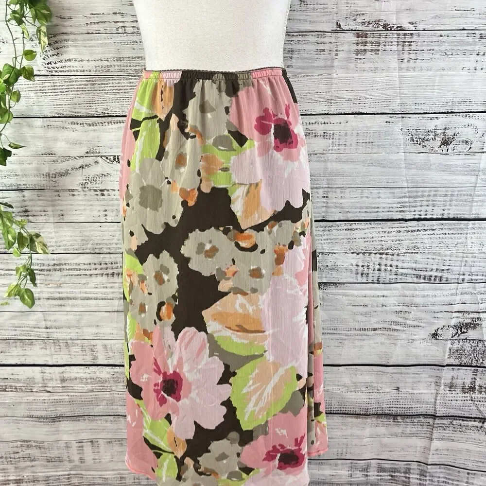 Croft & Barrow Skirt size 8 Pink Brown Floral Sheer A Line Midi Cottage Core